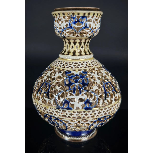 Zsolnay Zsolnay Double Walled Reticulated Porcelain Vase, Cobalt Blue, Gilded, 1887-1889 For Sale - Image 4 of 9