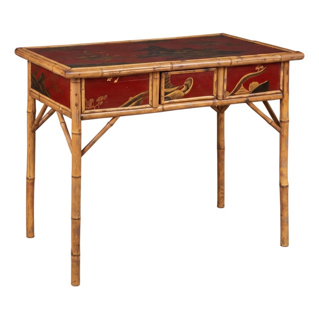 Victorian Chinoiserie & Burnt Bamboo Red Lacquer Side Table Desk For Sale