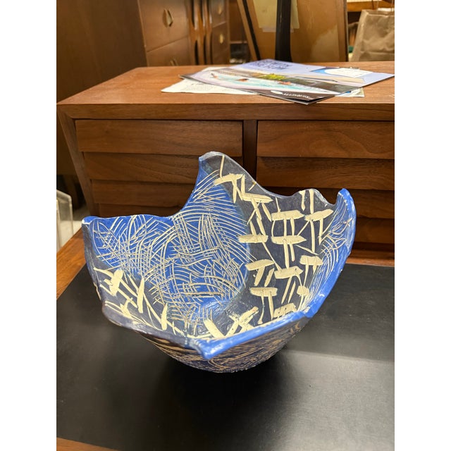 Abstract Vintage Blue and White Hand Thrown Studio Pottery Bowl For Sale - Image 3 of 10
