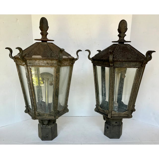 Metal Antique Early 1900s Gas Iron Lamp Post Lanterns - A Pair For Sale - Image 7 of 12