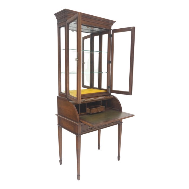 32" Wide & 79" Tall Solid Cherry Cylinder Style Secretary Desk Beveled Glass For Sale