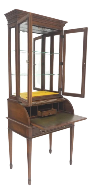 32" Wide & 79" Tall Solid Cherry Cylinder Style Secretary Desk Beveled Glass