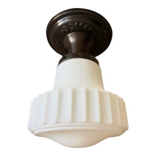 1920s Ribbed School House Style Light Fixture With Embossed Canopy For Sale