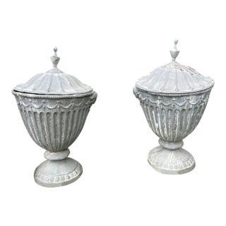 19th Century English Classical Lead Garden Urns With Covers Grey - A Pair For Sale