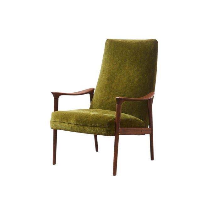 Textile Mid 20th Century Styled After Solid Teak Westnofa Norway Olive Green Mohair Lounge Chair For Sale - Image 7 of 9