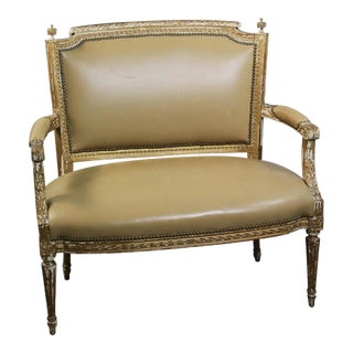 19th Century Italian Painted Settee in Tan Leather For Sale