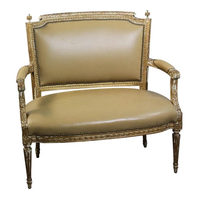 19th Century Italian Painted Settee in Tan Leather For Sale