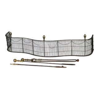 Antique Federal Brass & Wire Fireplace Fender & Three Piece Tool Set C1810 For Sale