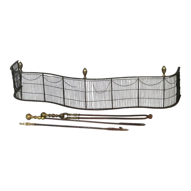 Antique Federal Brass & Wire Fireplace Fender & Three Piece Tool Set C1810 For Sale