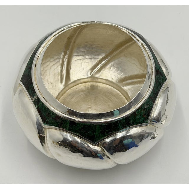 Silver 1960s Los Castillo Taxco Silver Plate & Malachite Lidded Bowl, Mexican Modernism For Sale - Image 8 of 18
