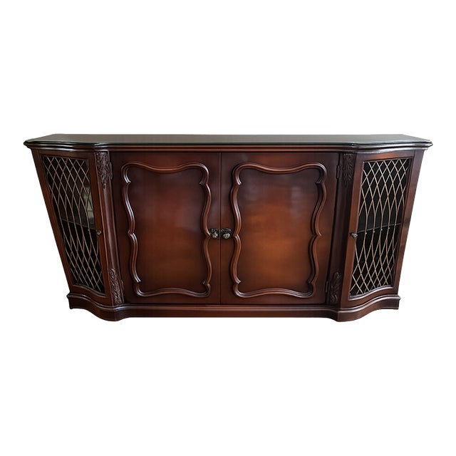 Vintage French Provincial Cherry Wood Credenza Dry Bar | Louis XV Style Buffet Server With Mirrored Display Cabinets For Sale