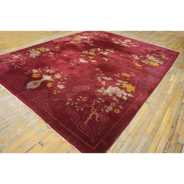 1920s Deep Red Field Floral Greek Key Antique Chinese Art Deco 8'10" X 11'6" Rug For Sale In New York - Image 6 of 9