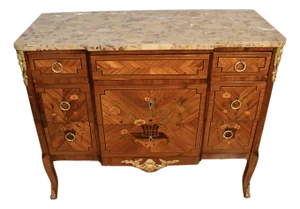 1880 French Louis XV Walnut Inlaid & Marble Top Chest of Drawers / Commode