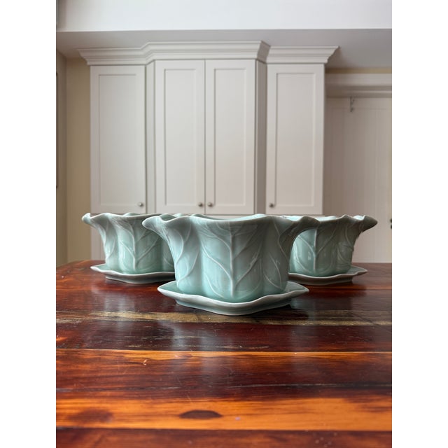 Set of 3 Vintage Chinese Longquan Celadon Cabbage Leaf Planters With Underplates For Sale - Image 4 of 14