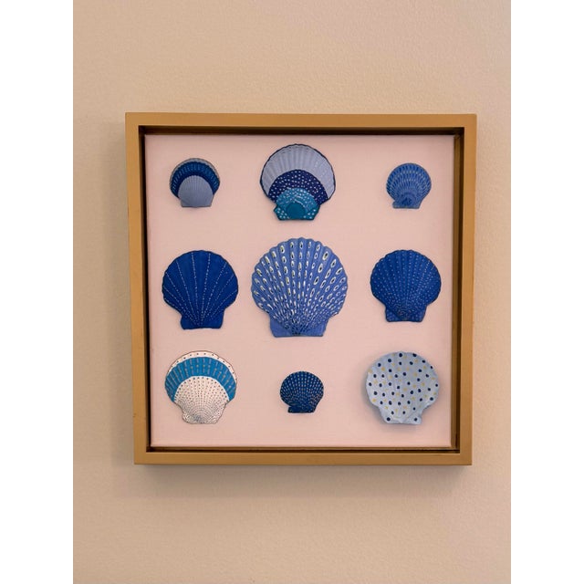 Coastal Hand-Painted Blue Seashell Shadowbox Art in Gold Floating Frame – 12” X 12” For Sale - Image 3 of 5