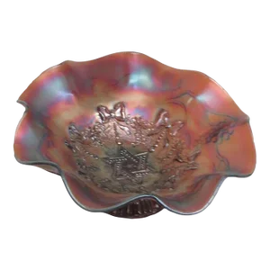Northwood Purple Carnival Glass Star of David and Bows Ruffled Footed Bowl
