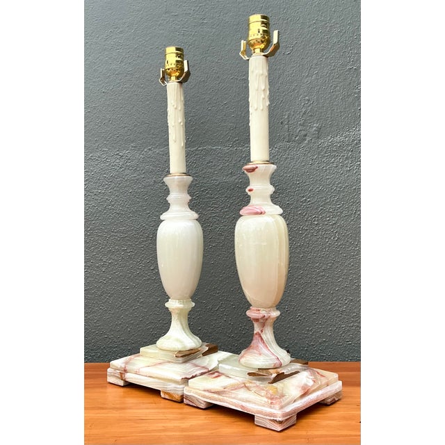 Hollywood Regency Vintage Carved Onyx Lamps - A Pair For Sale - Image 3 of 12