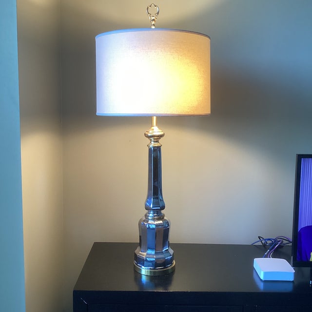 Vintage Hollywood Regency Style Silver and Gold Table Lamp With Linen Drum Shade For Sale - Image 4 of 5
