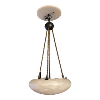 Vintage 1990s Alabaster Carved Bowl Pendant Chandelier in Natural Iron Black With Rope Cord For Sale