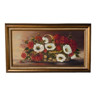 1970s Vintage Impressionist Floral Basket Still Life Oil on Canvas Painting – Framed For Sale