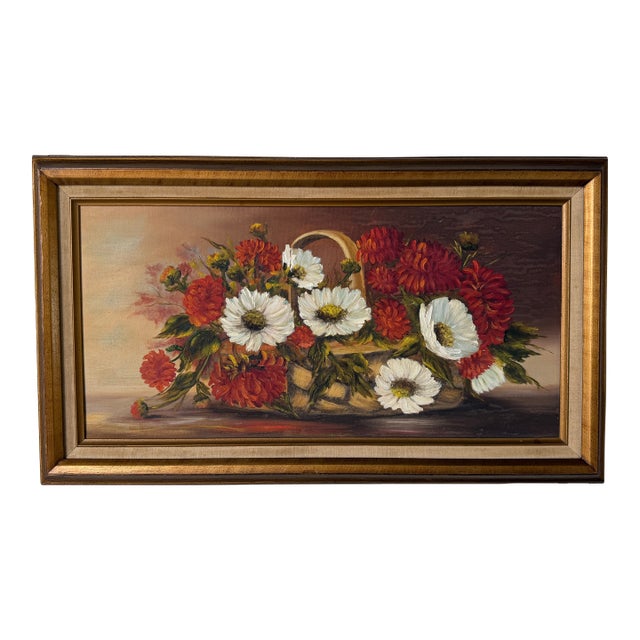 1970s Vintage Impressionist Floral Basket Still Life Oil on Canvas Painting – Framed For Sale