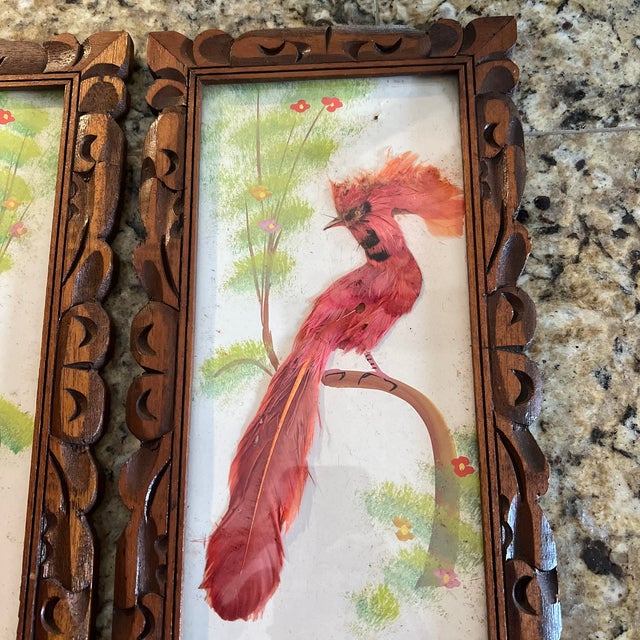 Rustic Original Boho Art of Mexican Feather Craft Birds. Vintage 1970’s. Pair. For Sale - Image 3 of 9
