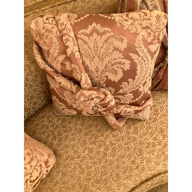 Mid-Century Modern Set of 6 Vintage Custom Decorative Pillows Mauve/Lt Pink, Damask, Silk, 16x16x5” For Sale - Image 3 of 10