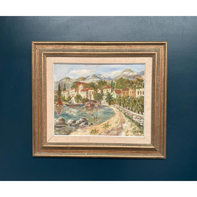 Original swedish oil on panel – “coastal village” by kewe – signed & dated 1984 – vintage & framed – 75 × 64 cm (29.5" ×...