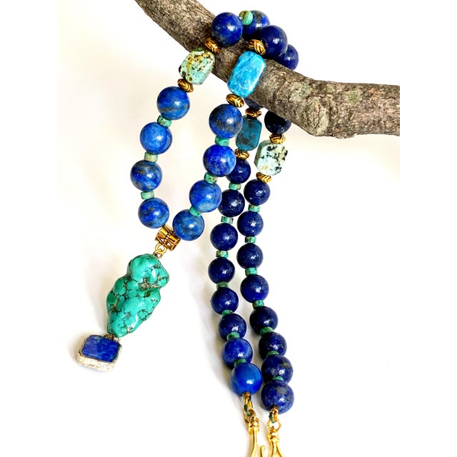 Contemporary One-of-a-Kind Lapis Lazuli & Turquoise Statement Necklace | Vintage Turquoise Pendant | Artisan Bohemian Luxury Jewelry For Sale - Image 3 of 17