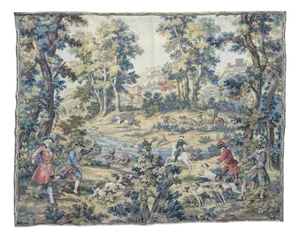 Vintage French Aubusson Style Jacquard Hunting with Hounds Tapestry, 1970s