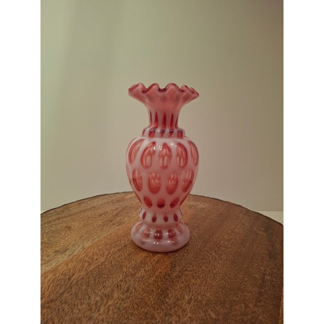 Victorian Cranberry Opalescent Coin Spot Vase Northwood Glass 6" Ruffled Rim Antique Eapg For Sale - Image 15 of 18