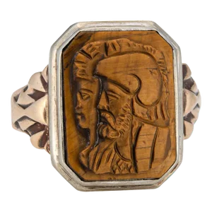 Early 20th Century Vintage Art Deco Centurion Tigers Eye Cameo Ring, Sz 8.75