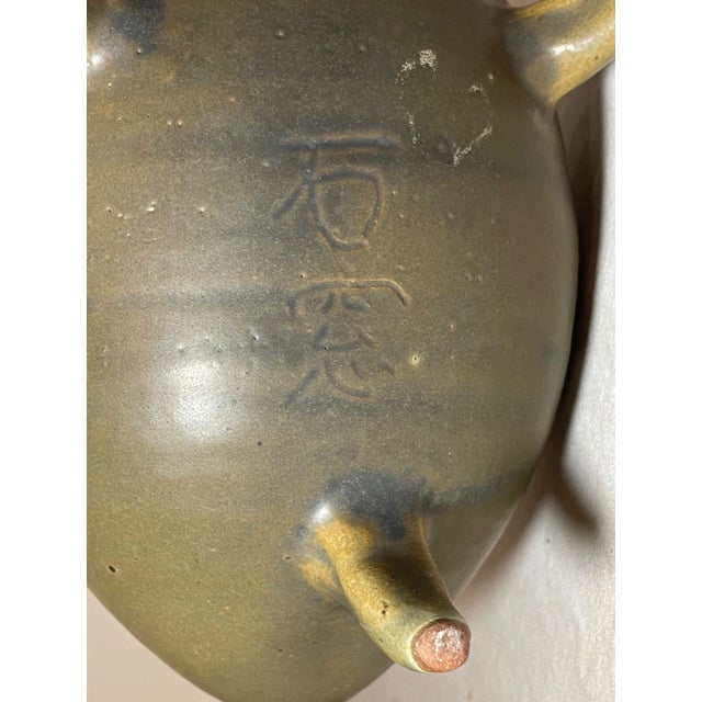 Antique Signed Japanese 3 Piece Studio Art Green Pottery Footed Vase Bowl Set For Sale - Image 11 of 18