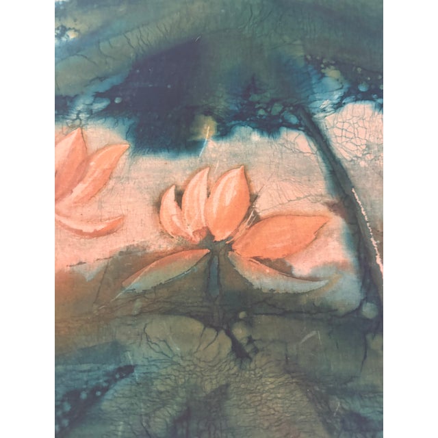 Wood Pair of Vintage Batik Lotus Paintings, Signed, Teal and Coral Wall Art For Sale - Image 7 of 11