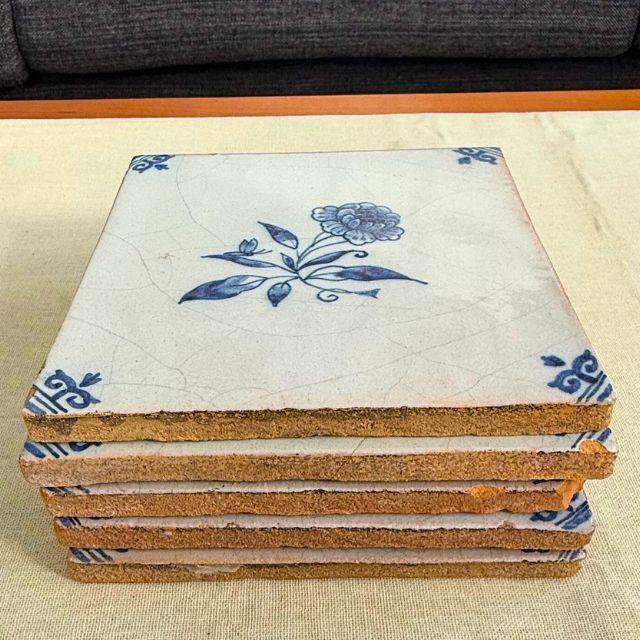 19th Century Hand-Painted Delft Wall Tiles With Flowers and a Bird, Set of Five (5) For Sale - Image 11 of 11