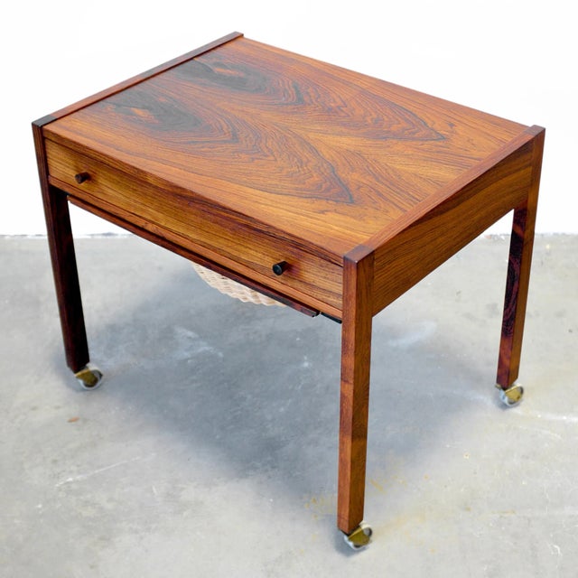 Danish Rosewood Sewing Table With Cane Basket & Wheels For Sale - Image 4 of 9