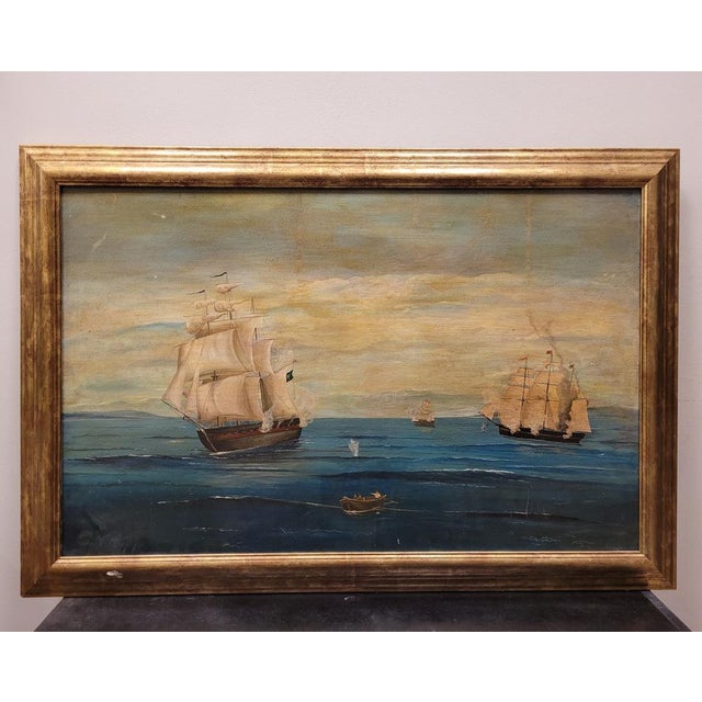 Ó/T "Battleship" Painting by Marinas, XIX century - France Magnificent work in oil on panel belonging to an exquisite...