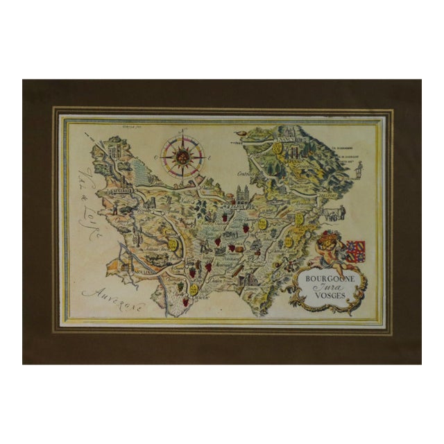 1960's French Vintage Mini Map, Bourgogne Jura Vosges For Sale