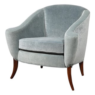 Art Deco Scroll Form Lounge Chair W/ Walnut Supports & Powder-Blue Velvet Mohair For Sale