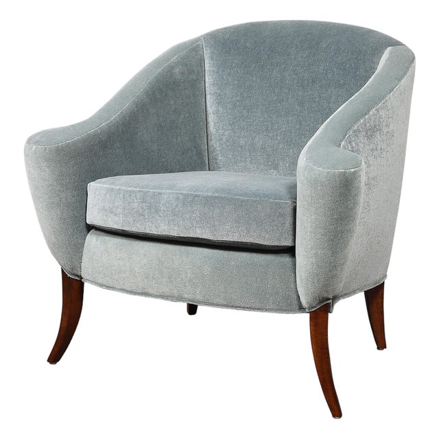 Art Deco Scroll Form Lounge Chair W/ Walnut Supports & Powder-Blue Velvet Mohair For Sale