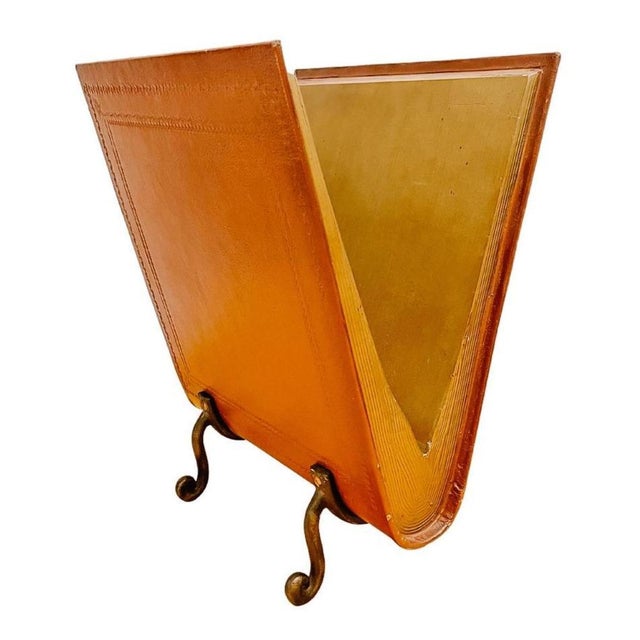 1970s Italian Florentine Trompe l'Oeil Leather Book Magazine Rack With Gilt Edges & Scroll Feet For Sale In San Diego - Image 6 of 11