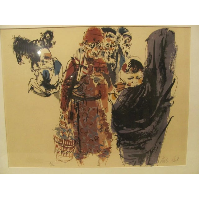 Glass Lithograph by Moshe Gat Late 20th Century "Scene From a Village" Numbered, Framed For Sale - Image 7 of 10