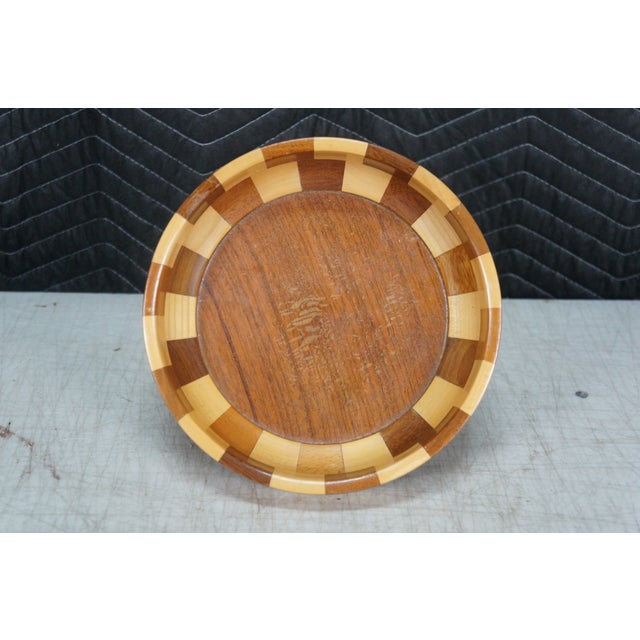 Vintage Segmented Turned Wood Parquetry Fruit Centerpiece Pedestal Bowl 9" For Sale - Image 10 of 10