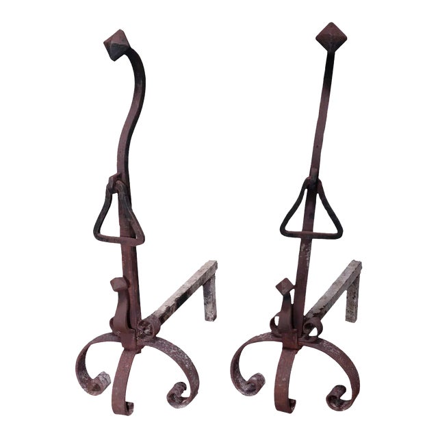 Circa 1900 Antique Large Arts & Crafts Yellin School Wrought Iron Andirons- a Pair For Sale