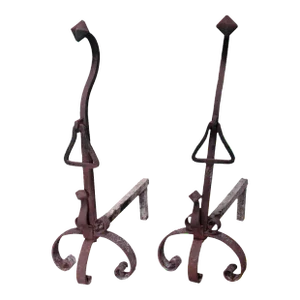 Circa 1900 Antique Large Arts & Crafts Yellin School Wrought Iron Andirons- a Pair