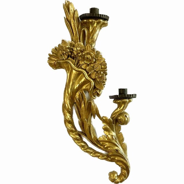 18th Century Gilded Wood and Cornucopia Floral Carving Wall Lights, Set of 2 For Sale - Image 3 of 10