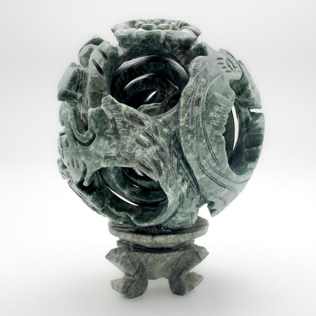 Stone Mid 20th Century Green Soap Stone Puzzle Ball Hand Carved Chinese 4 Layers With Stand and Box For Sale - Image 7 of 12