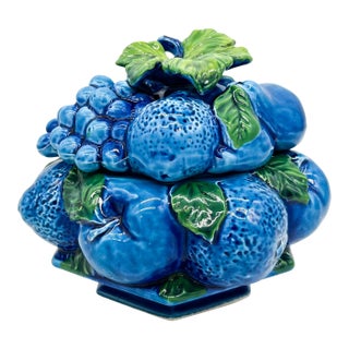 Inarco “Blue Mood” Ceramic Fruit Lidded Box/ Kitchen Canister – Mid-Century, Hollywood Regency, Cottagecore For Sale