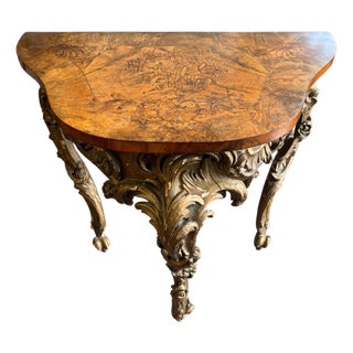 Antique Italian Carved & Gilt Decorated Marquetry Floral Inlay Top Console Hall Table For Sale