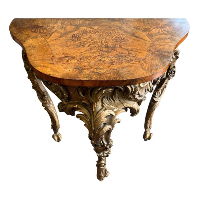 Antique Italian Carved & Gilt Decorated Marquetry Floral Inlay Top Console Hall Table For Sale